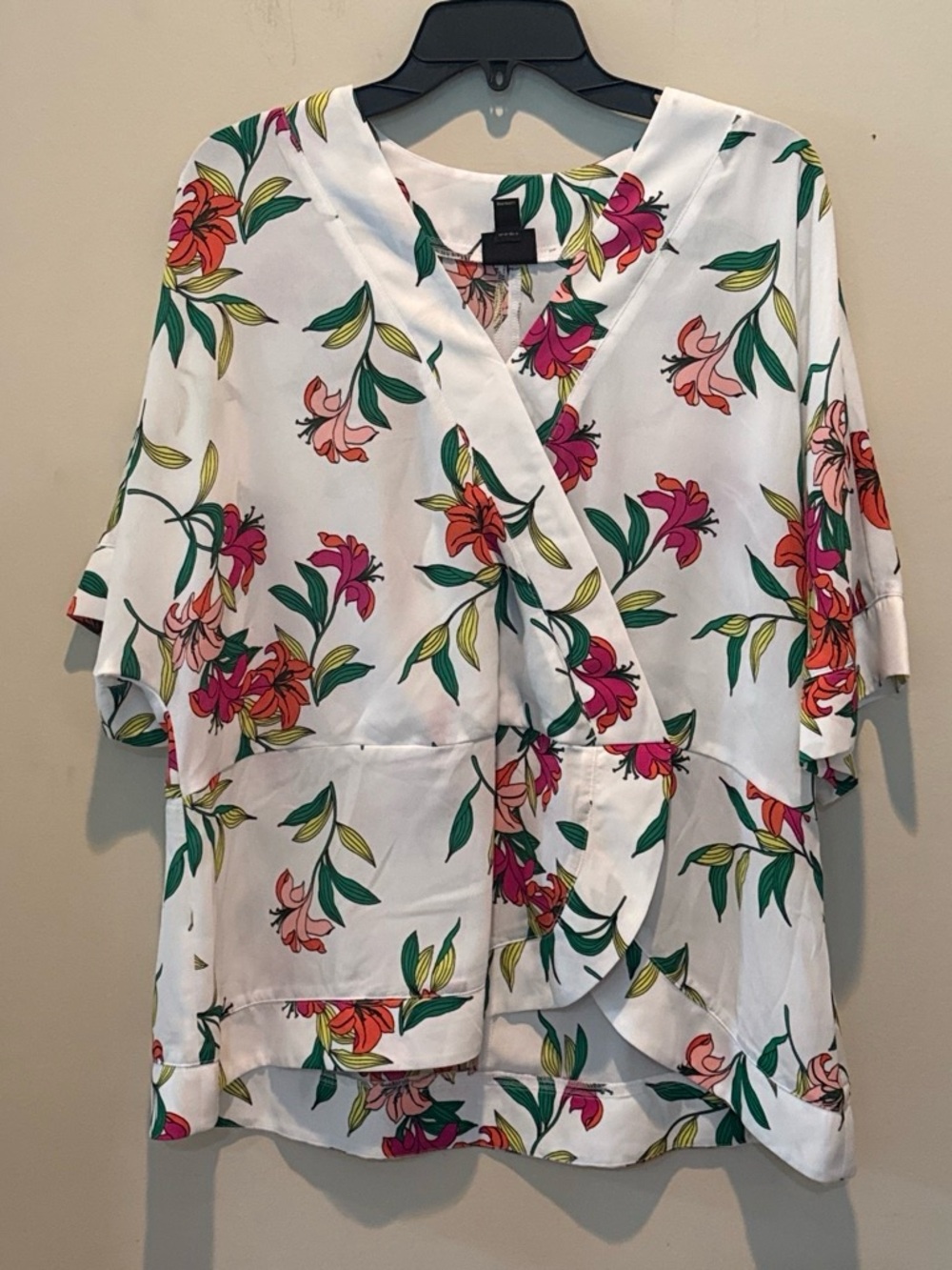 Worthington White Floral Wrap Blouse with Pink & Green Print